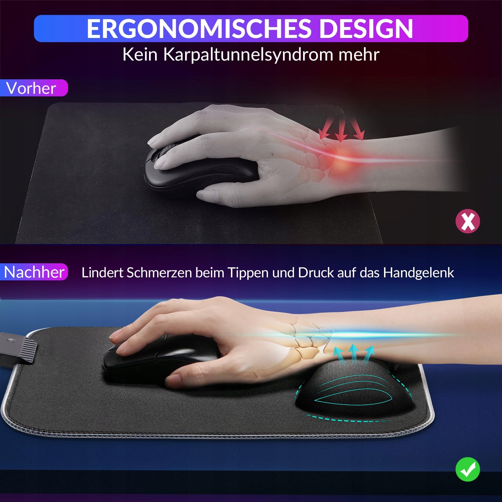 GIMARS Podkładka Pod Mysz RGB Gaming Z Podpórką Ergonomiczna Antypoślizgowa — miniatura 5