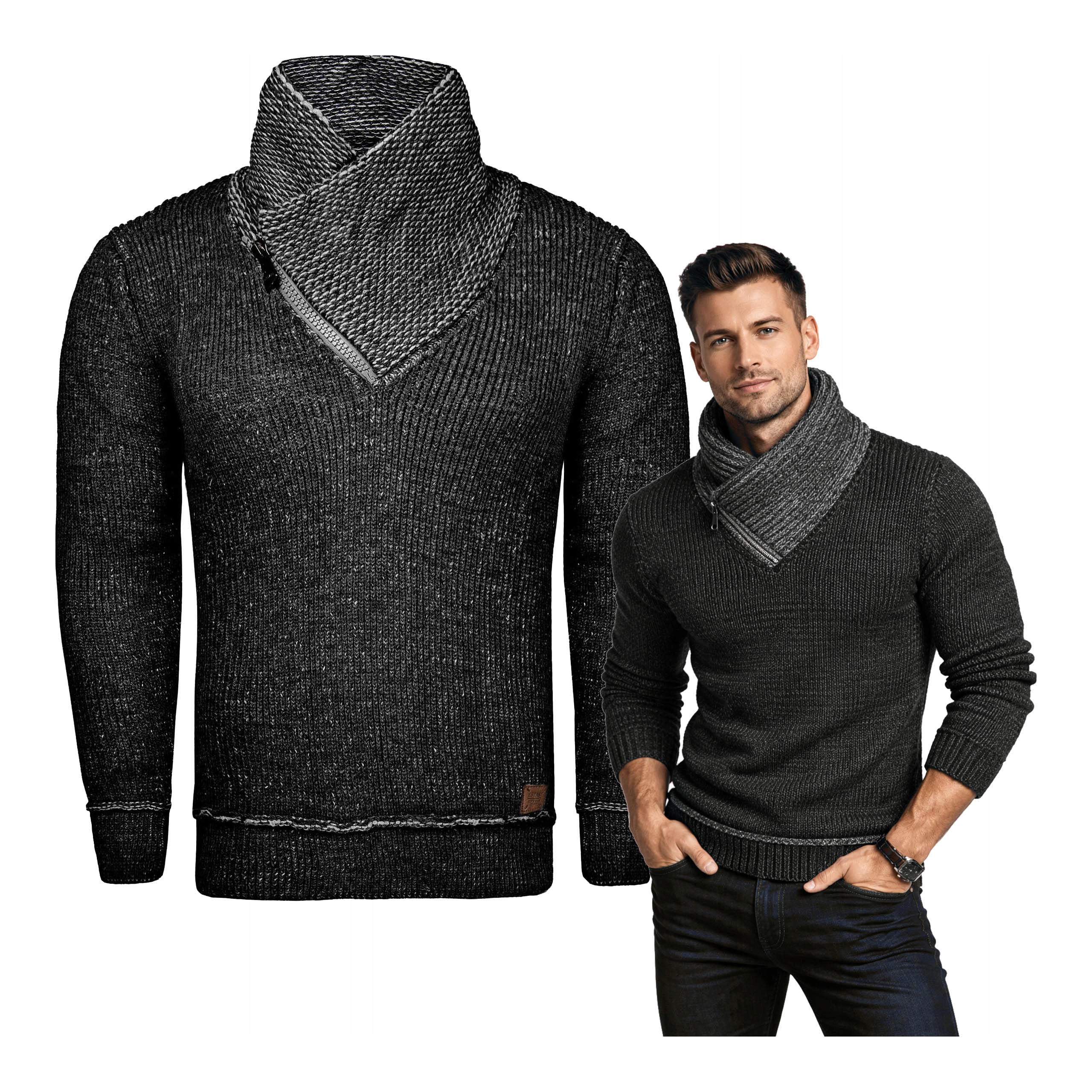 Pánský teplý vlněný svetr s komínem na zimu a podzim, velikost XL