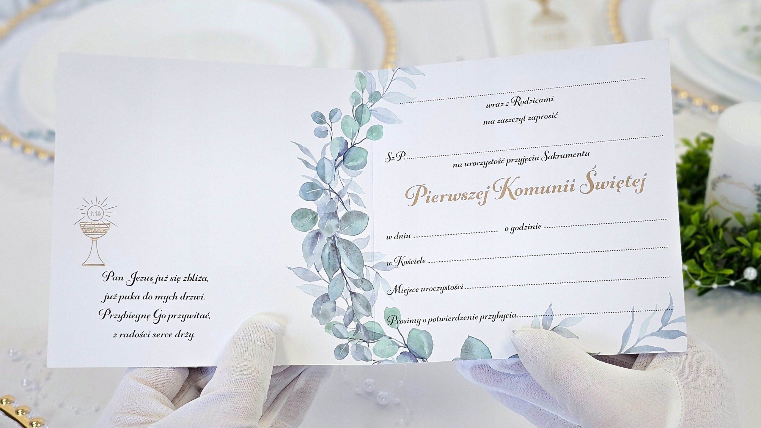 ZAPROSZENIE Komunijne KOPERTA na I Komunię Świętą Komunia Eukaliptus Boho Kolor dominujący wielokolorowy
