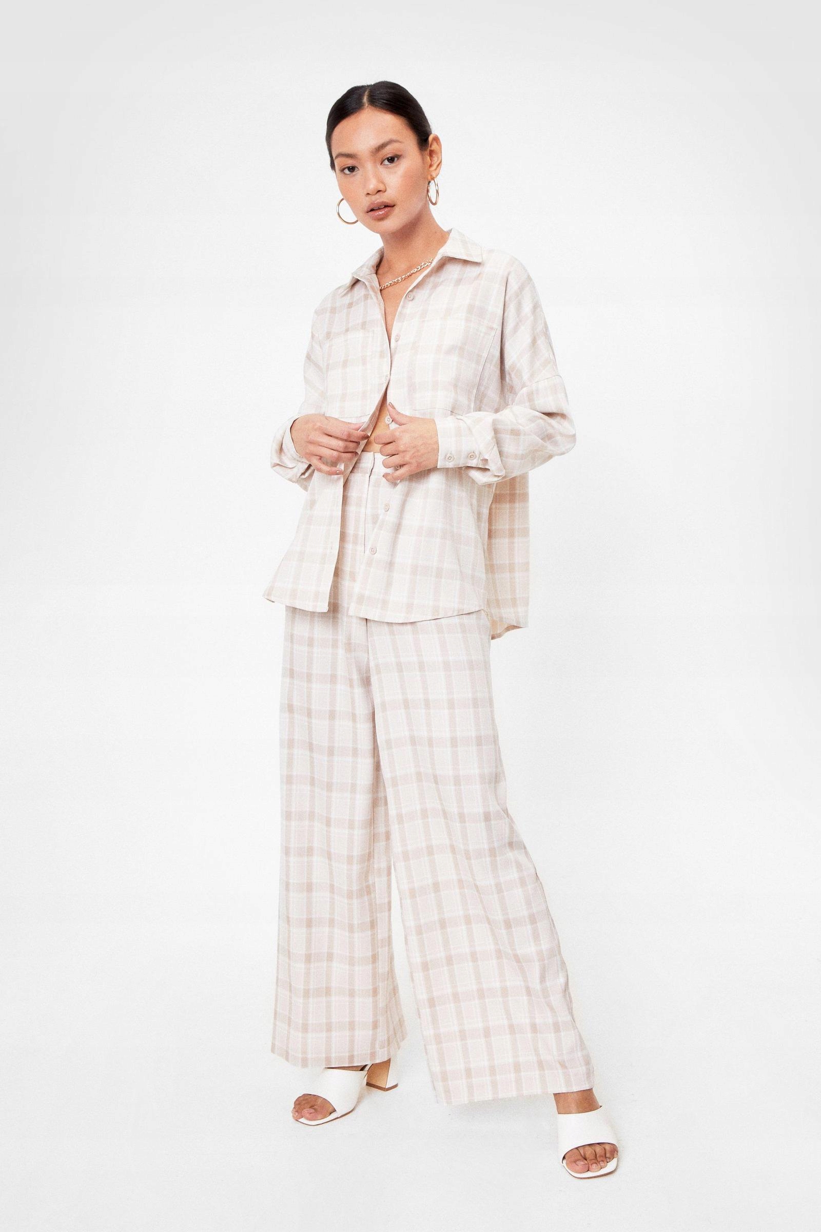 NASTY GAL HVA BEŻOWE SPODNIE PALAZZO W KRATĘ R. L Rozmiar L