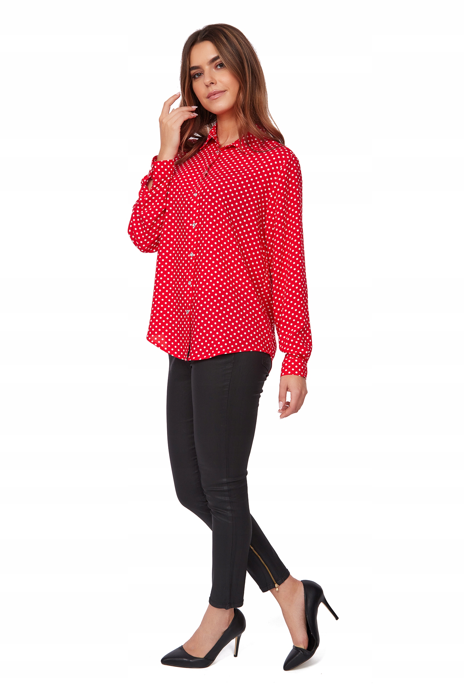 STYLOWA ASYMETRYCZNA KOSZULA GROSZKI KOLORY R - 44 Dekolt kołnierzyk