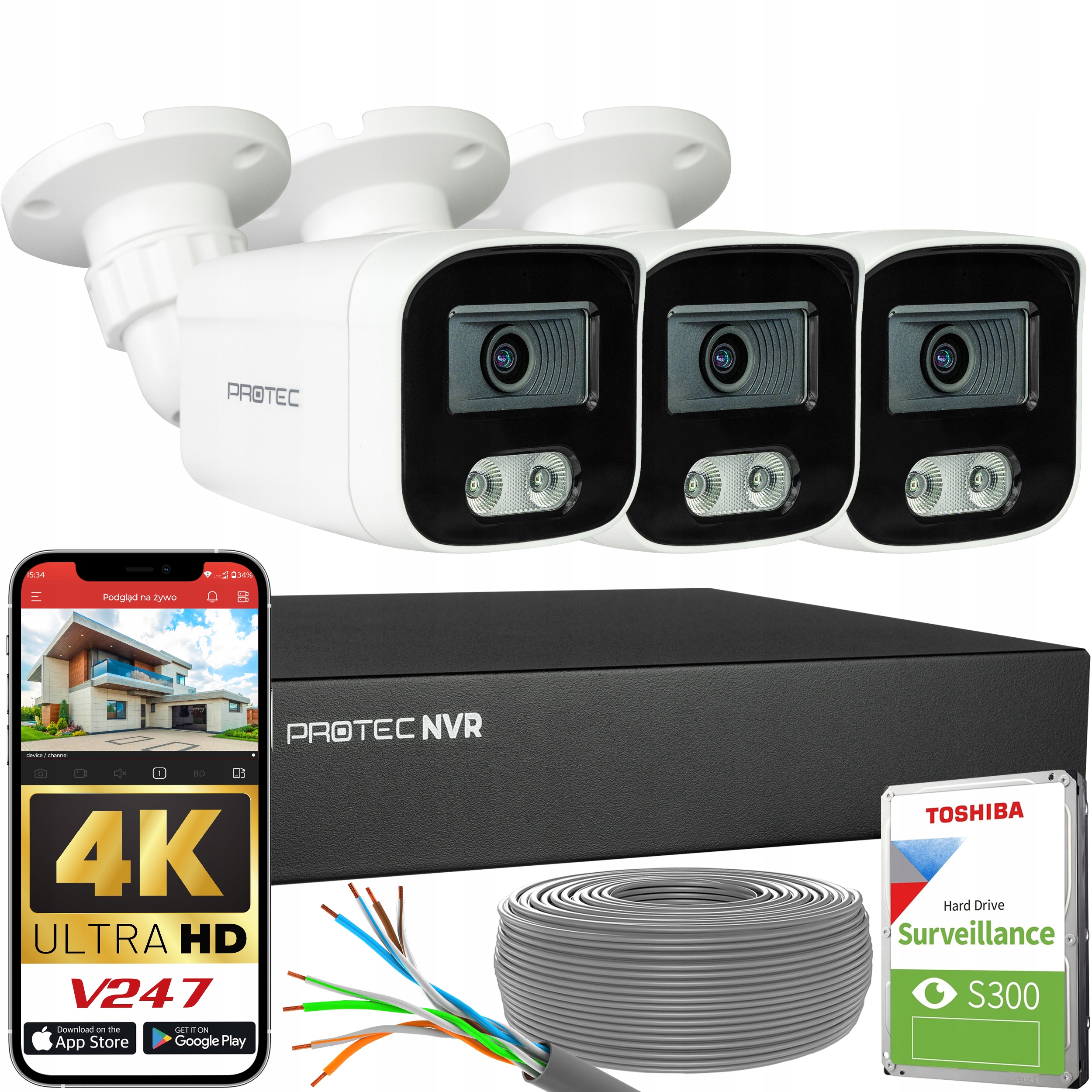 Monitorovací sada 3 kamer Ip 8MP PoE Mikrofon Detekce lidí Hdd