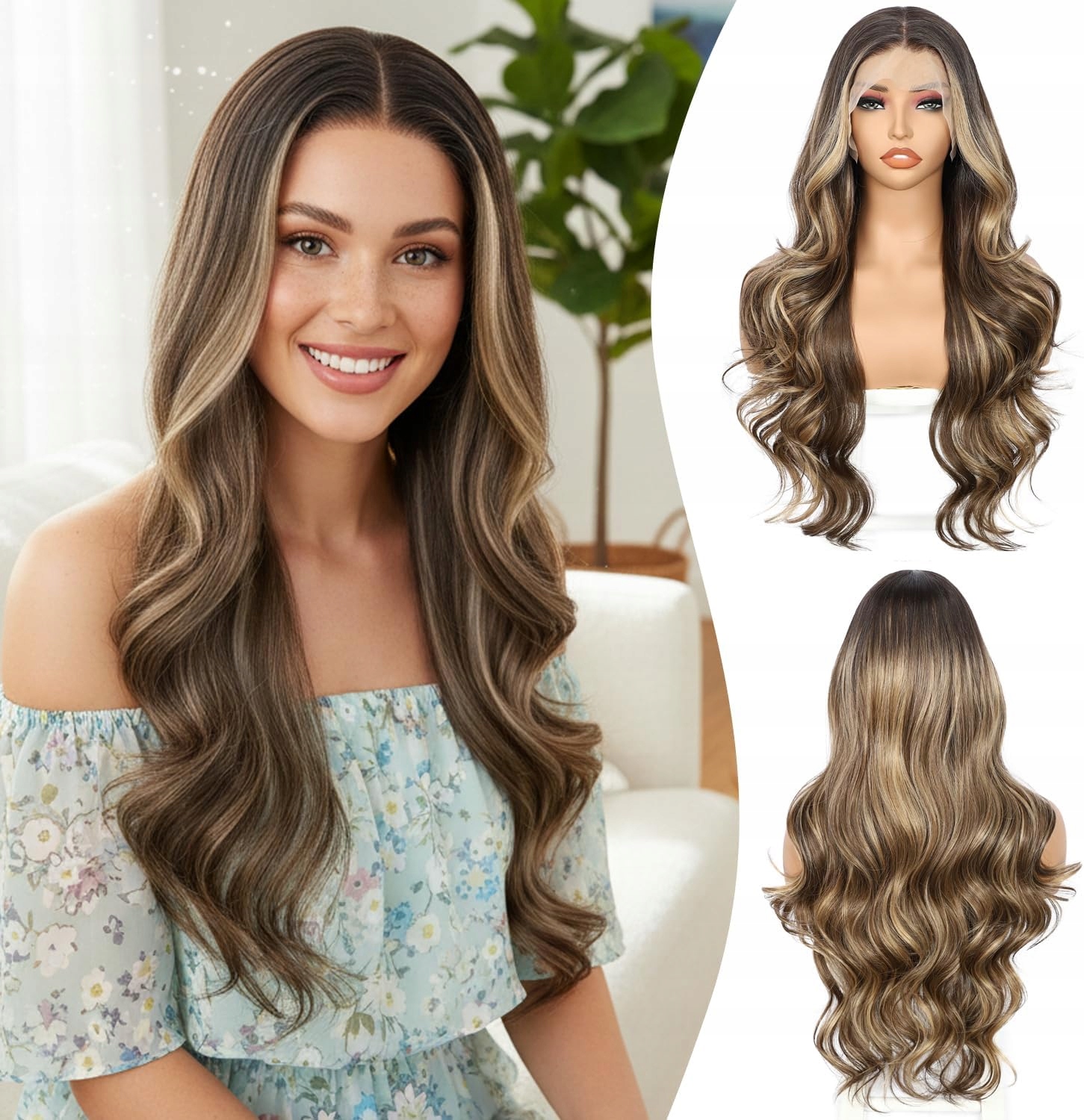 Peruka Lace Front Body Wave Brązowy Balayage Długa Falowana jak naturalna