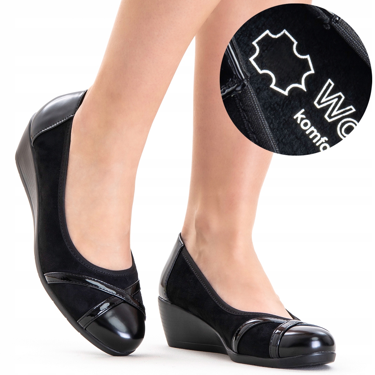 Polobotky na koturnu, vkládací, lehká kůže, Širší, stabilní Wojtyłko 39