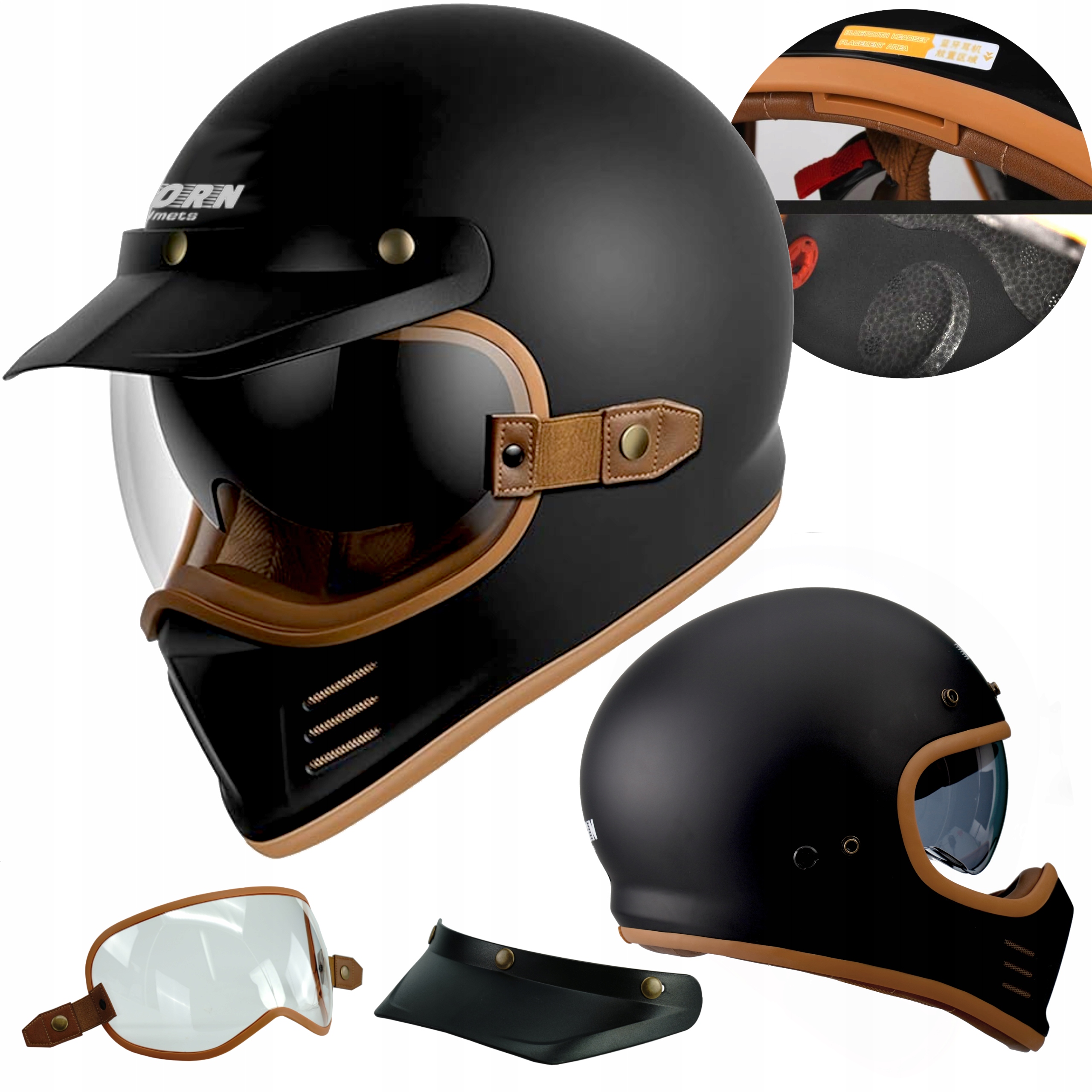 Hybridní NeoRetro Horn motocyklová přilba naked, cafe racer pod interkom M