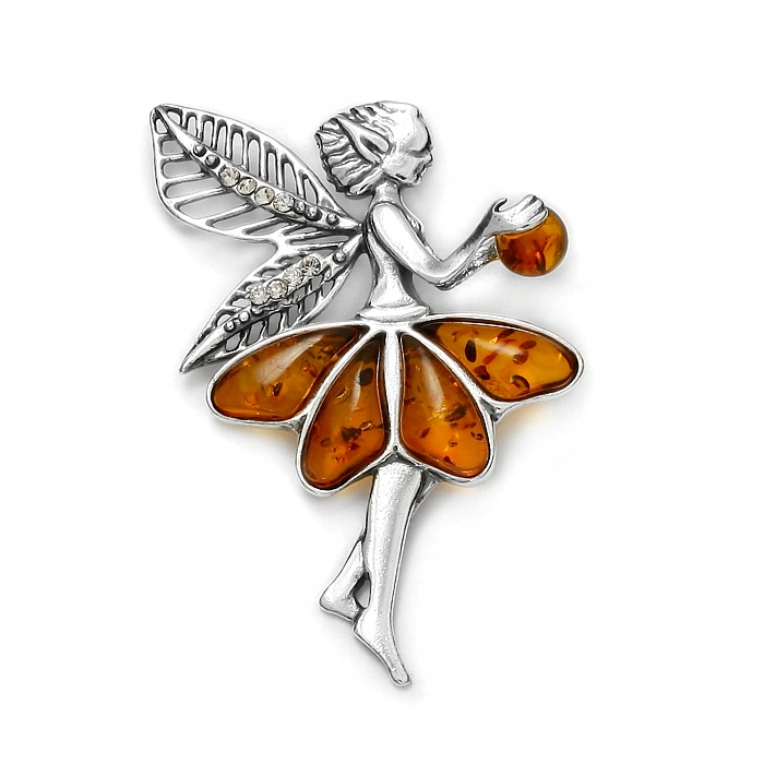 ŚLICZNY SREBRNY ELF W BURSZTYNOWEJ SUKIENCE WISIOR