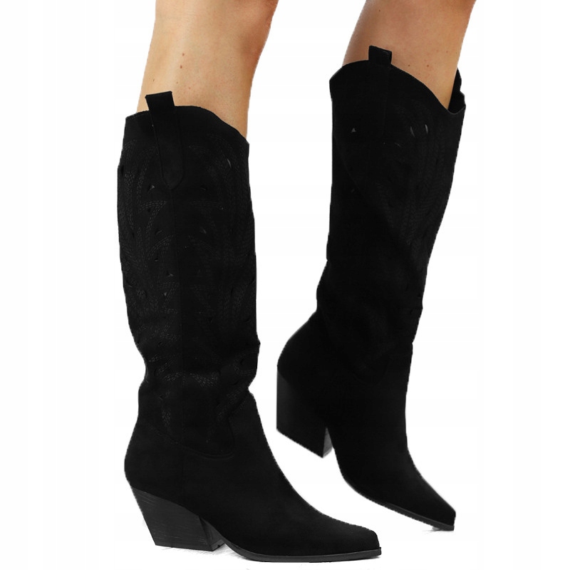 Černé dámské vysoké kozačky před kolena s ažurovými kovbojské boty na podpatku v š