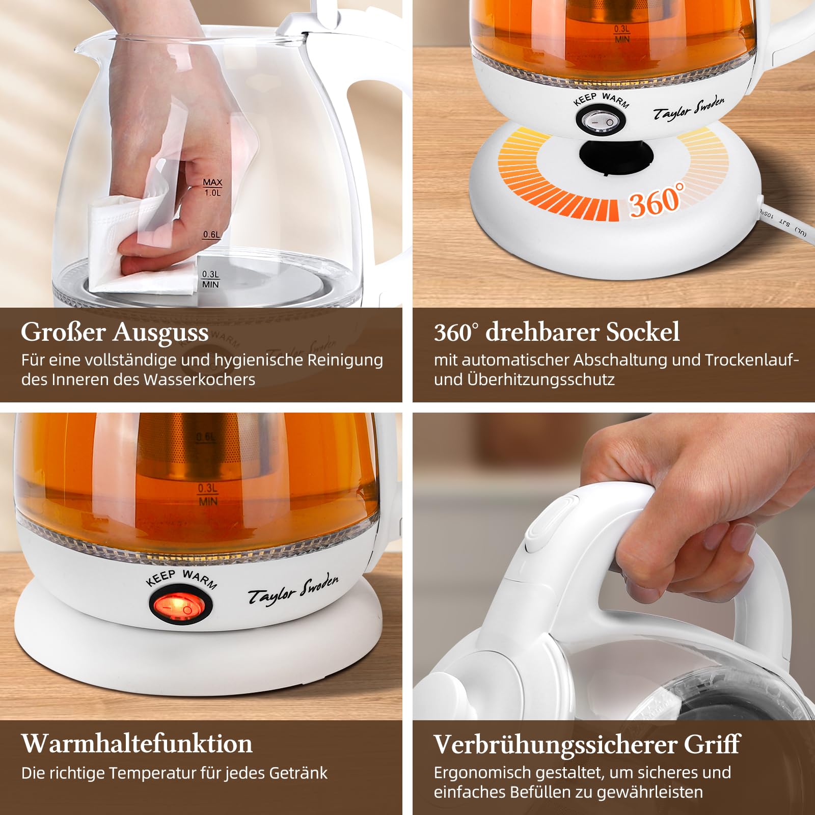 TAYLOR SWODEN Czajnik Elektryczny Szklany 1L 2200W LED BPA Free Z Teesitem — miniatura 6