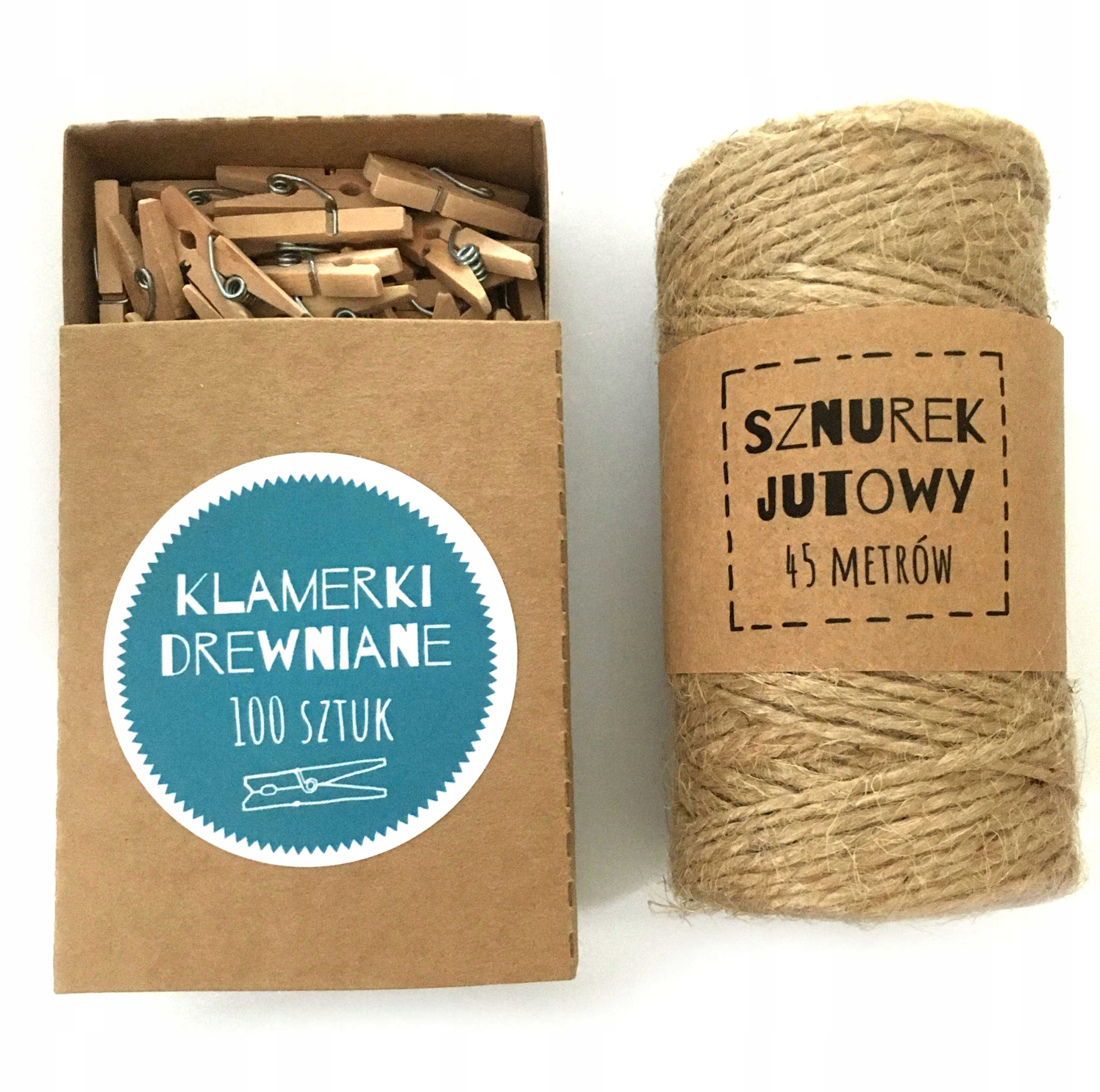 

Klamerki drewniane 100 szt sznurek jutowy 45 m Eko