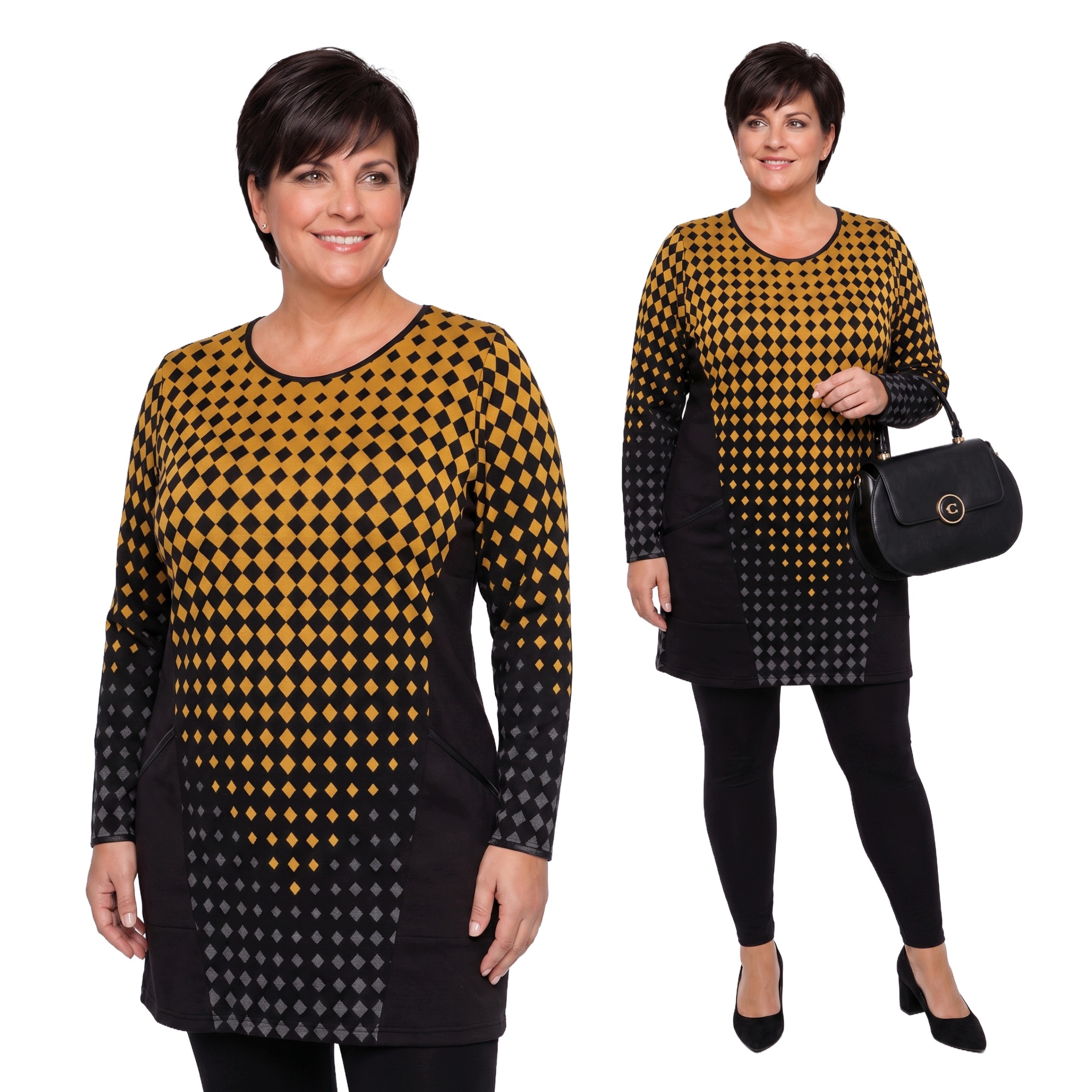 Černá tunika v žluto-šedém odstínu plus size velikost 50