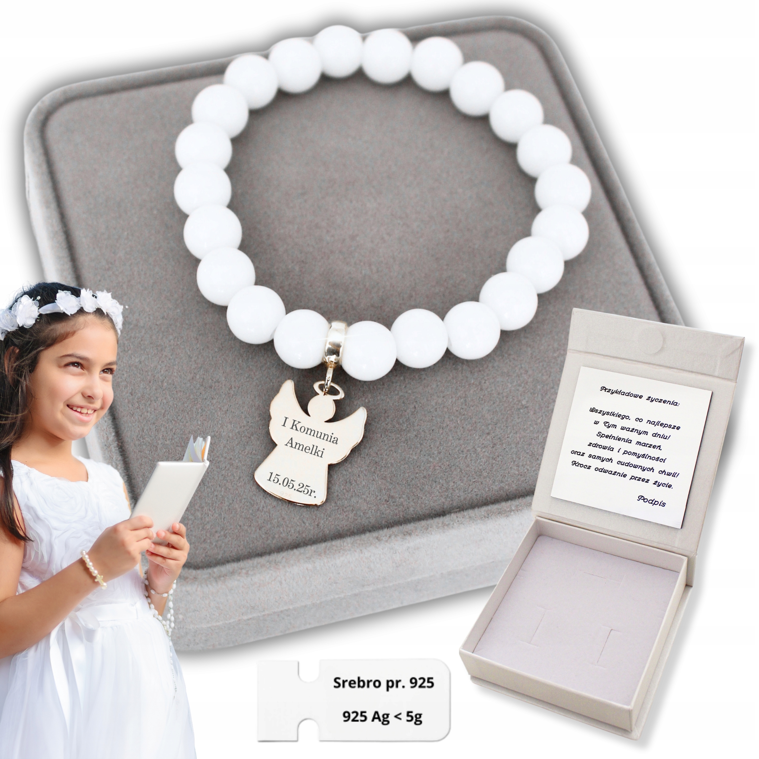 Stříbrný náramek s andělem pro holčičku Dárek k přijímání Gravírování