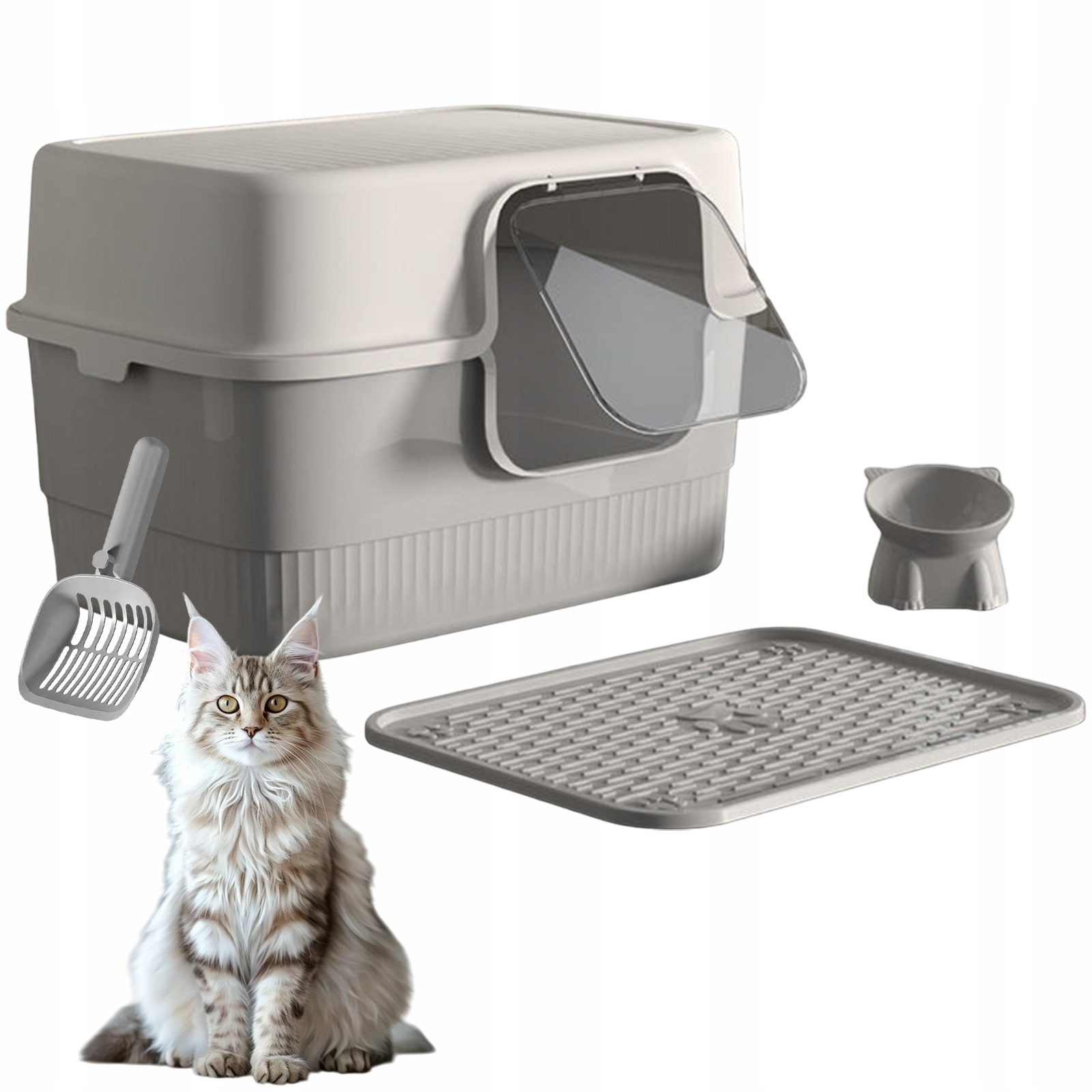 Levně Velká Toaleta Pro Kočky S Víkem – Pohodlná, Uzavřená, Praktická Šedá