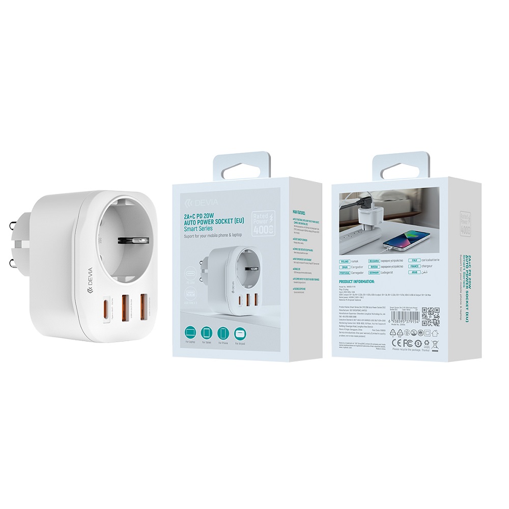 Devia gniazdo sieciowe ładowarka Smart Pd 20W 1x Usb- C 2x Usb biała