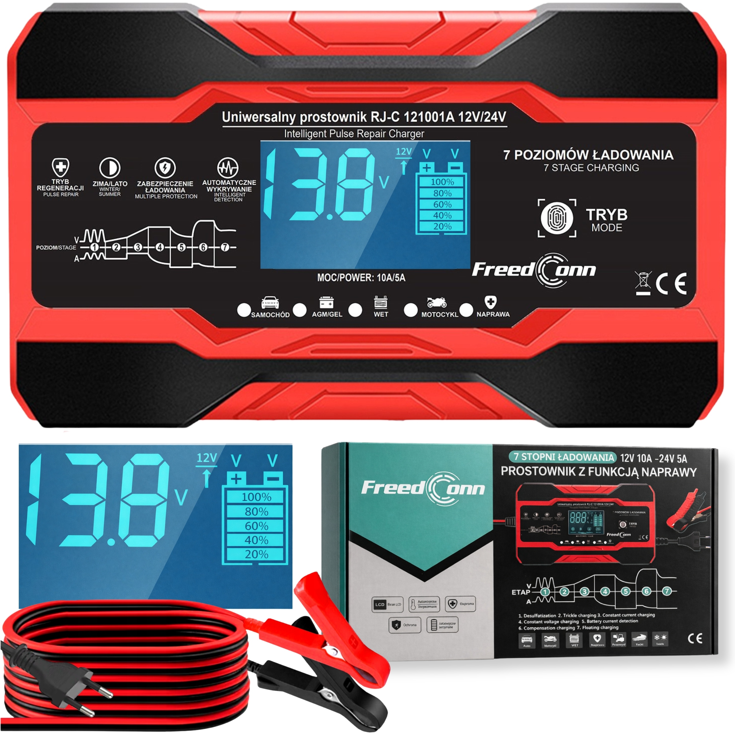 Automatyczny Inteligentny Prostownik Ładowarka Akumulatora LCD 24V 12V 10A