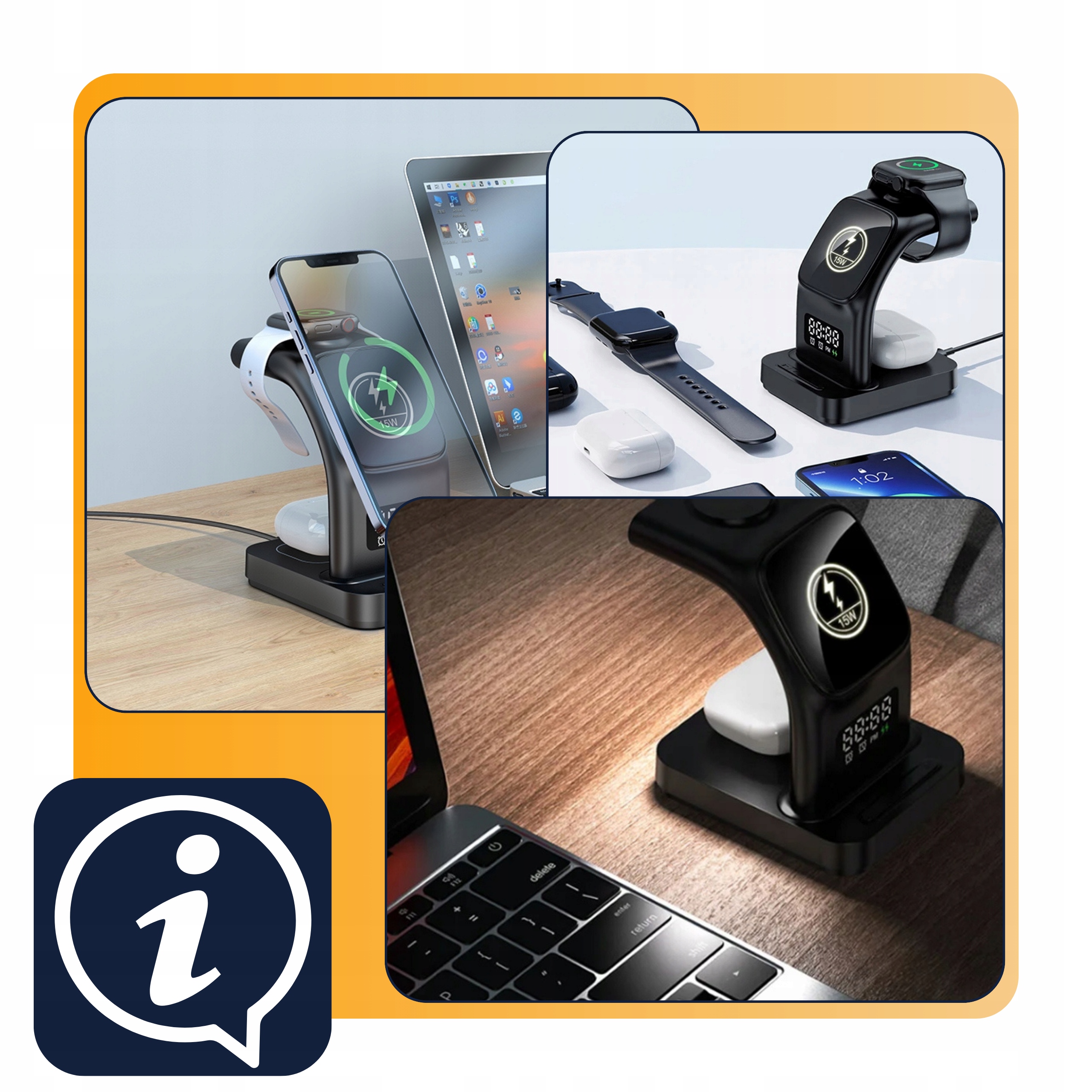 ŁADOWARKA INDUKCYJNA 15W QI SZYBKA DO IPHONE 12 13 14 15 3W1 INTELIGENTNA Kolor czarny