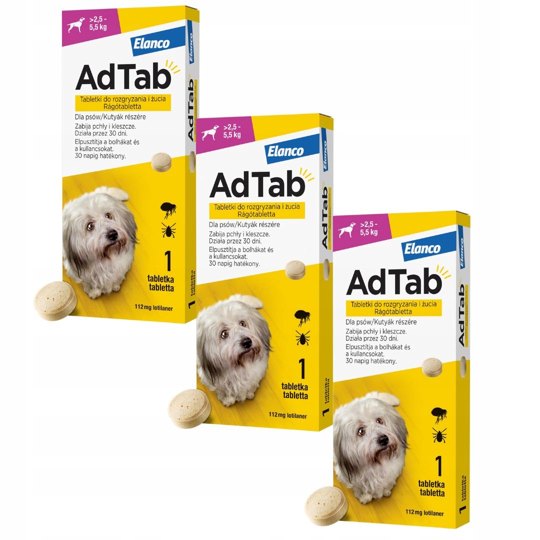 AdTab 112 mg tabletki do rozgryzania i żucia dla psów (2,5–5,5 kg) 3 sztuki