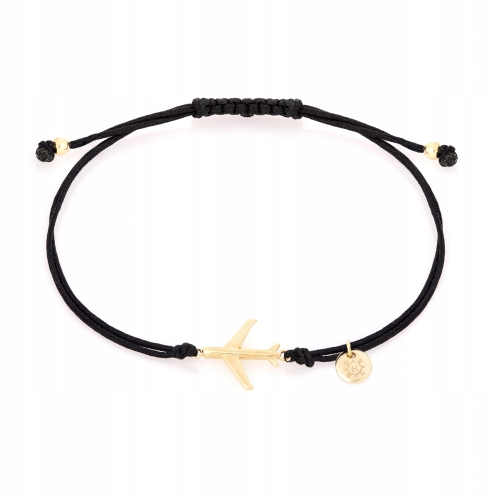Bransoletka sznurkowa czarna pozłacana Ania Kruk złoty samolot srebro 925