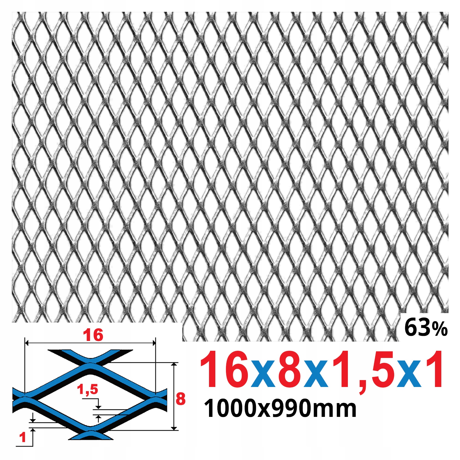SIATKA CIĘTO CIĄGNIONA 1000 x 990 MM STAL SUROWA OCZKO ROMB 16 X 8 X 1,5X1 Liczba m² w ofercie 0.99 m²