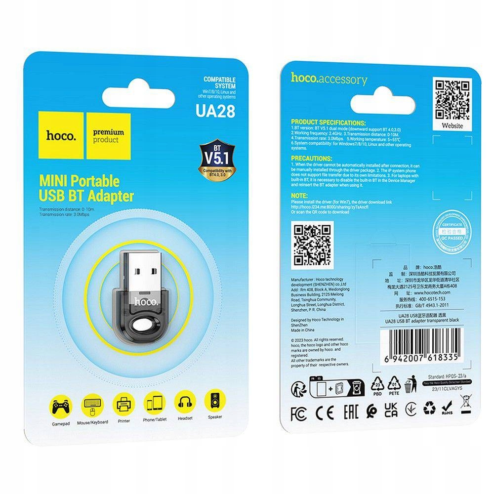 Hoco Adapter Usb A Bluetooth Ua28 Transparentny Czarny
