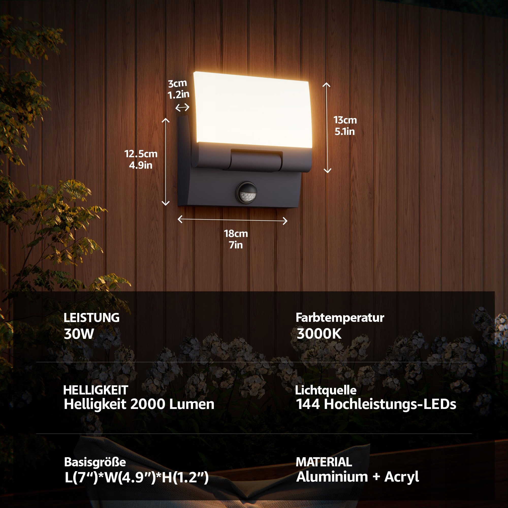K-BRIGHT Lampa Zewnętrzna LED 30W z Czujnikiem Ruchu IP65 3000K Anthrazit — miniatura 6