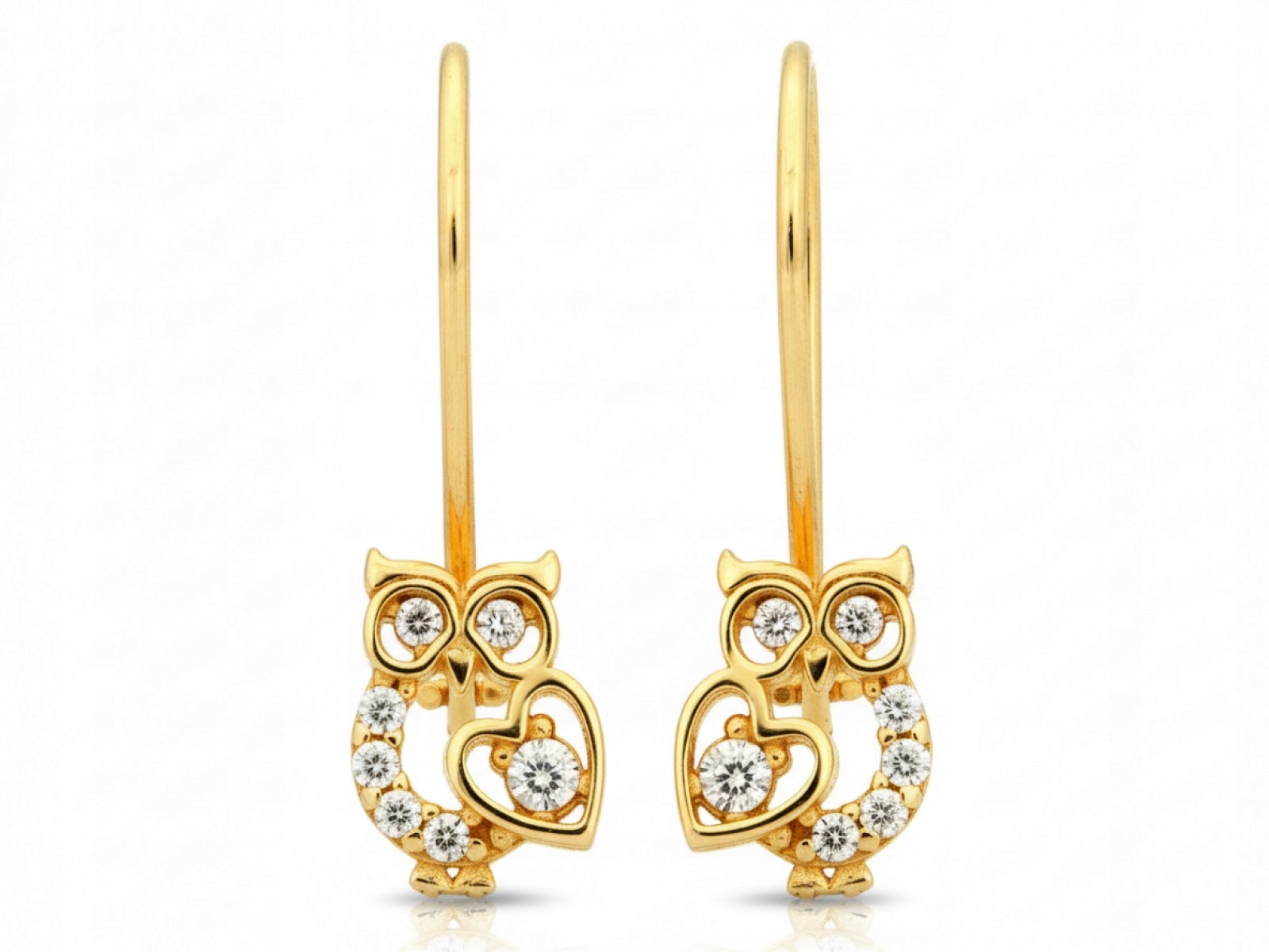 Dámské zlaté náušnice 585 sovy na biglu s zirkony, elegantní design 14k