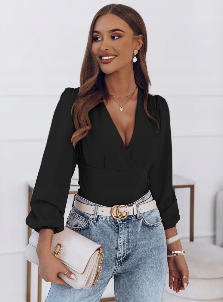 ELEGANCKIE BODY BUFIASTE RĘKAWY DEKOLT KOLORY Odcień brudny róż (dusty pink)