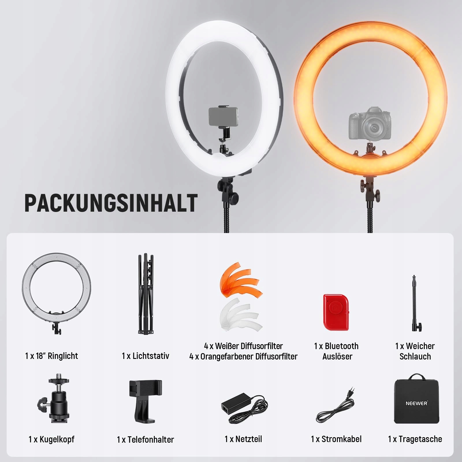 NEEWER Zestaw Pierścieniowy LED 18 Calowy 55W 5600K Z Bluetooth Do Selfie — miniatura 9