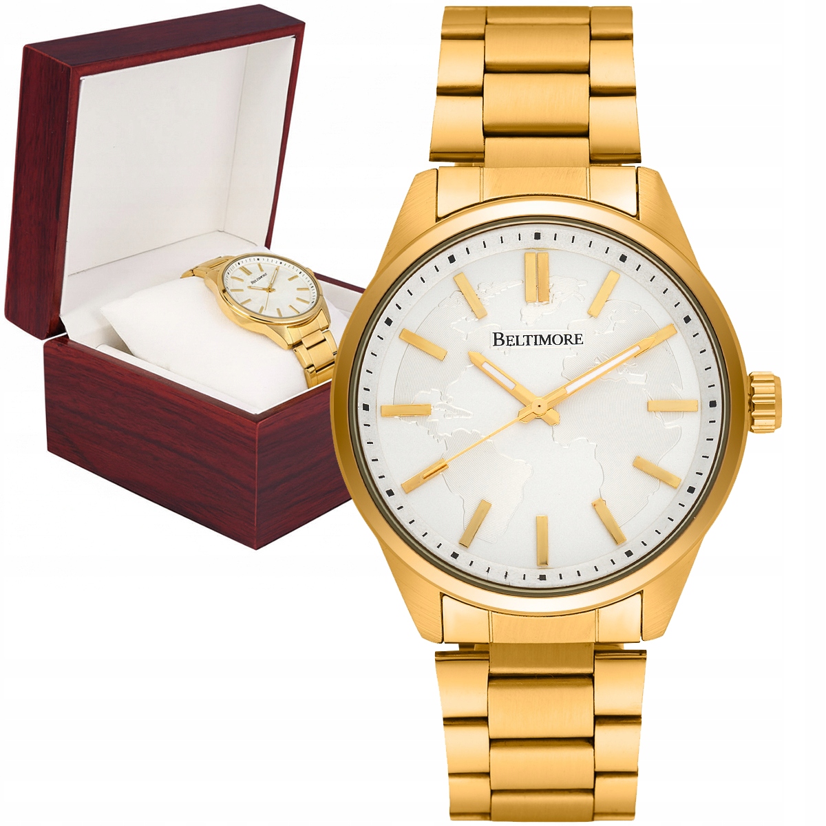 Pánské hodinky zlatý náramek velký pevný křemenný krabička Beltimore