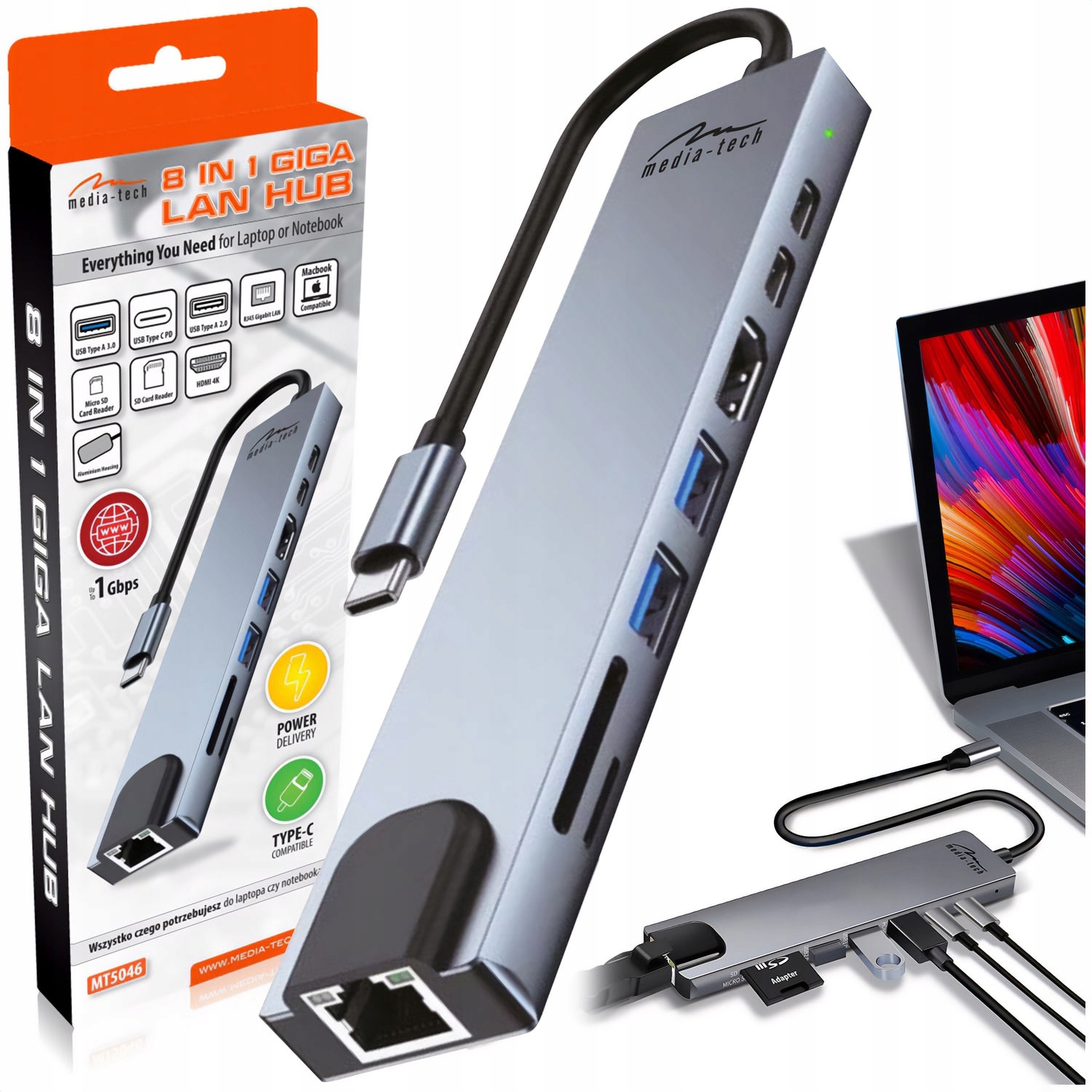 Media-Tech Stacja dokująca 8 IN 1 GIGA LAN HUB MT5046
