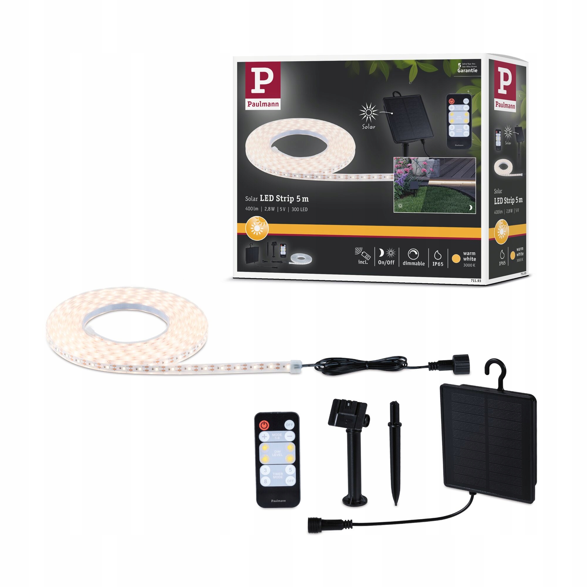 Taśma zewnętrzna Led Solar 5m 2,8W DIM 3000K 51lm/m czujnik pilot PL71193