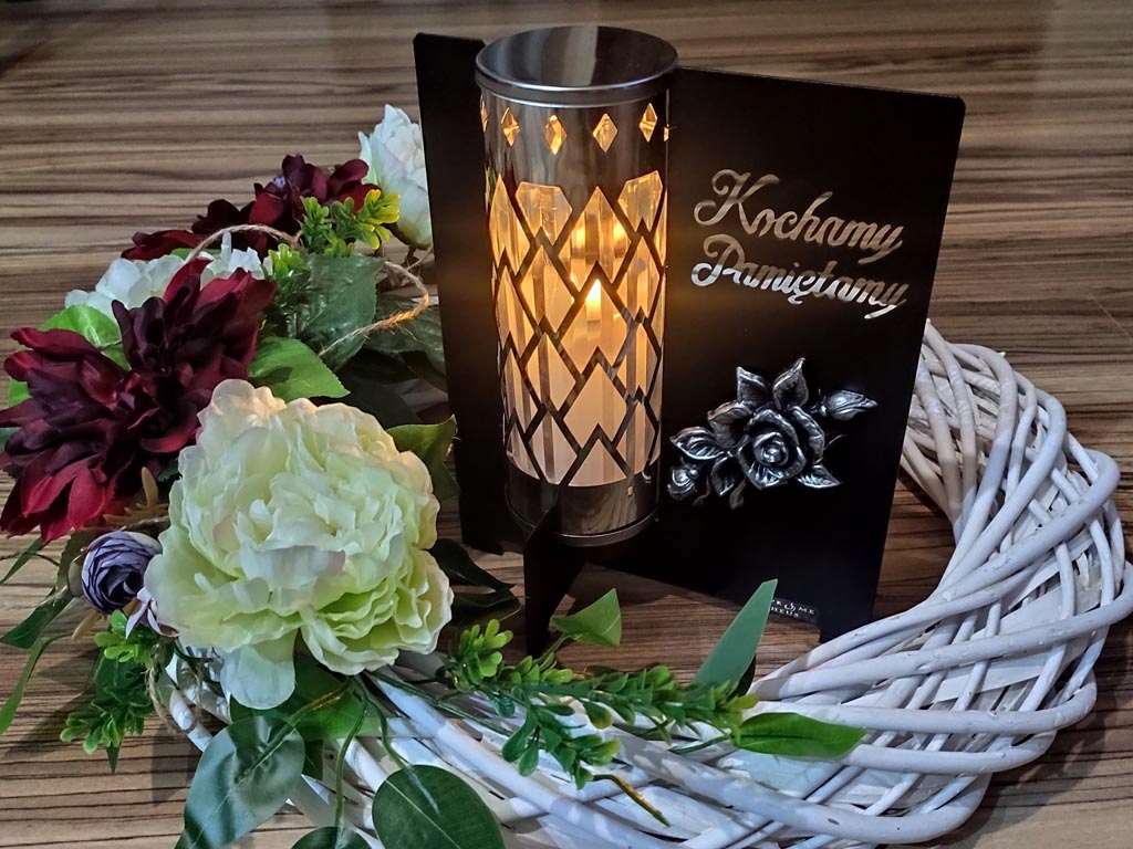 DUŻY ZNICZ lampion METALOWY z napisem KOCHAMY PAMIĘTAMY dla BABCI DZIADKA Kod producenta NICEA/B/RÓŻA/KOCHPAM