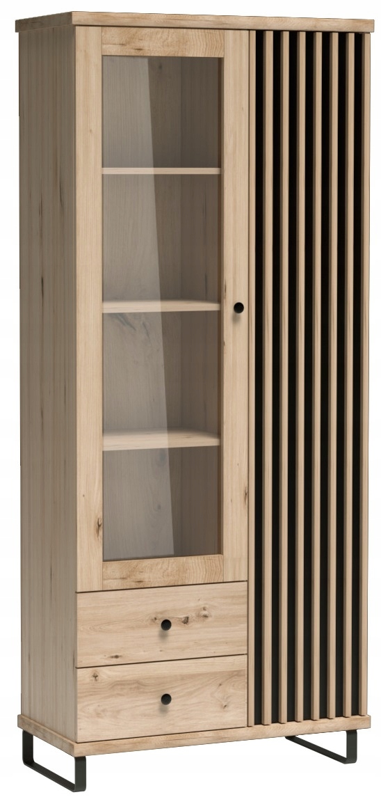 Nowoczesna witryna w stylu loft z metalowymi nogami 2 szuflady przeszklona