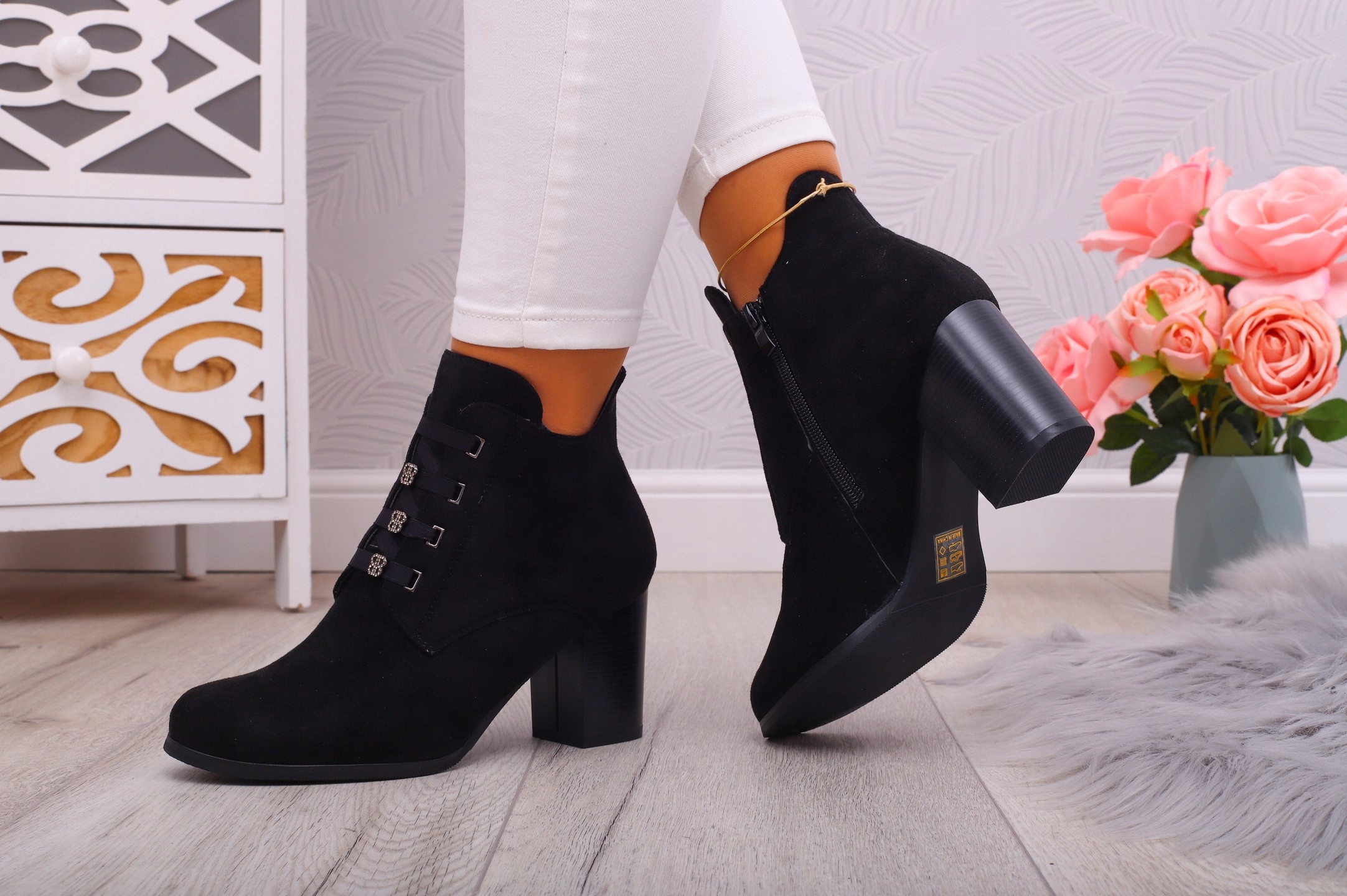 BOTKI DAMSKIE ZIMOWE CZARNE ELEGANCKIE NA SŁUPKU Rozmiar 41