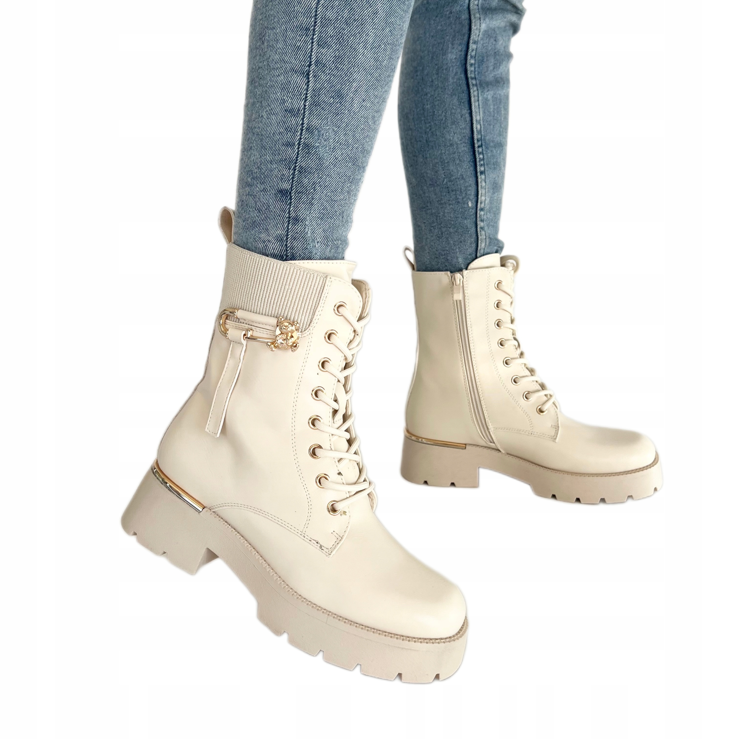 Dámské kotníkové boty béžové workery s medvídkem, velikost 37