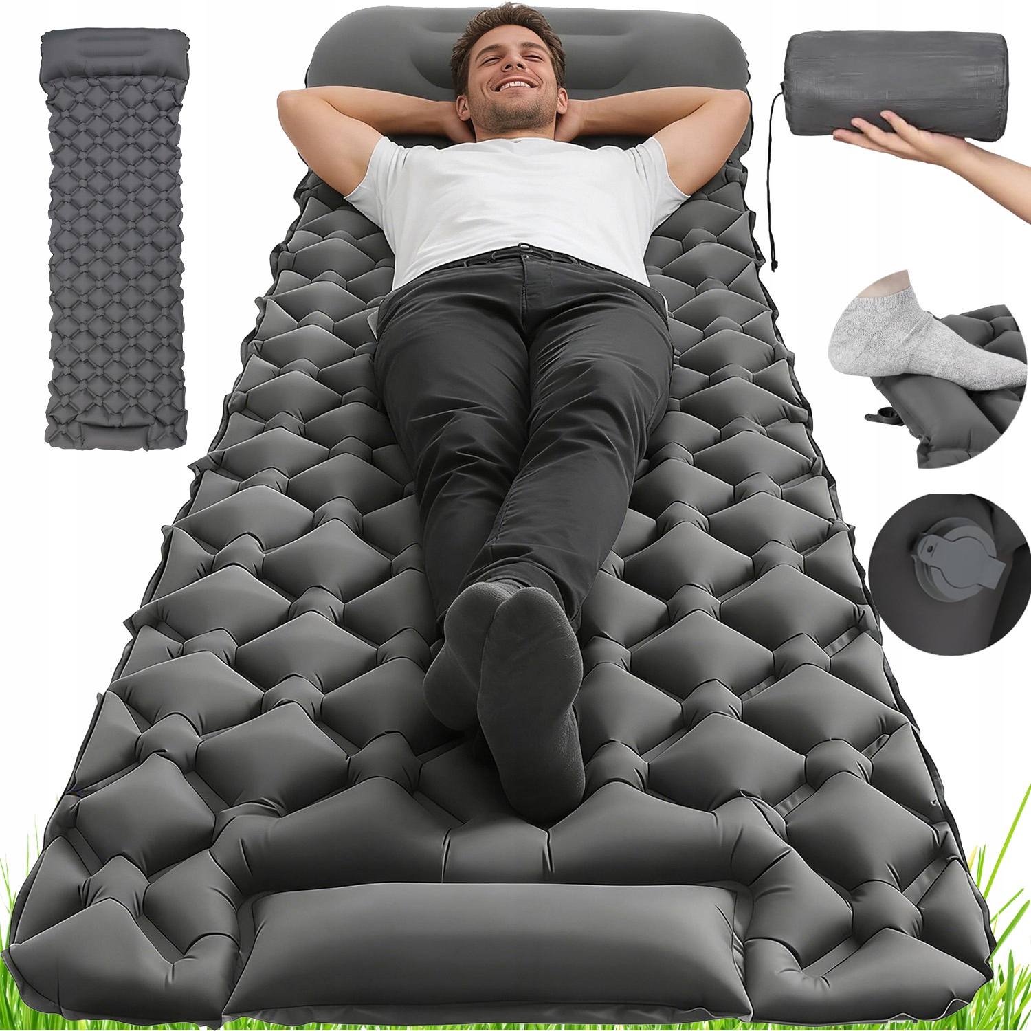 Materac Dmuchany Turystyczny Mata Z Poduszką Nożna Pompa Kemping Piknik