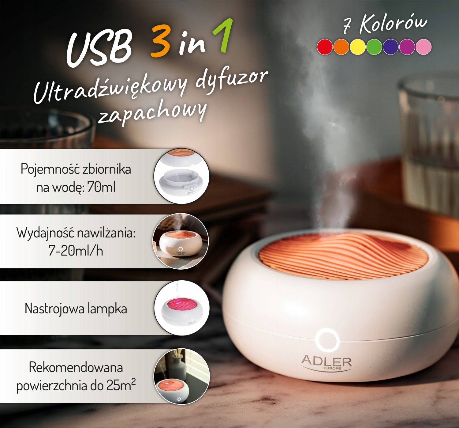 Ultradźwiękowy Dyfuzor Zapachowy USB 3w1 ADLER AD 7969