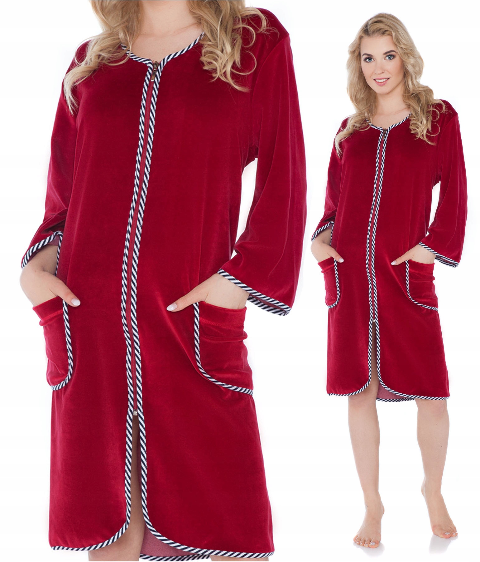 Elegantní velurový župan s 3/4 rukávem a lemováním pro ženy