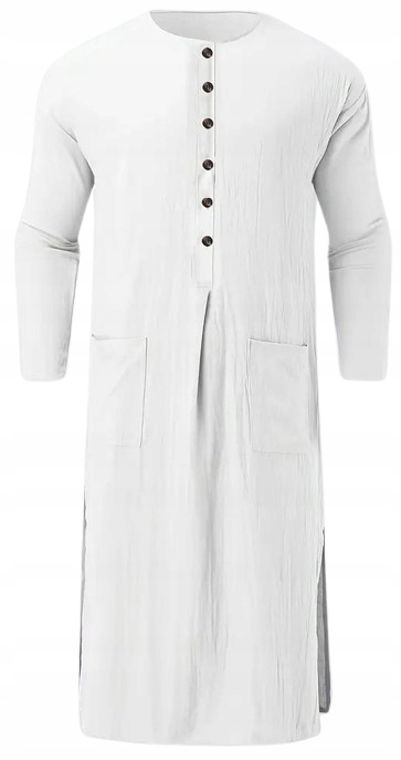 Pánská Dlouhá Bílá Noční Košile S Dlouhým Rukávem, 100% Bavlna, Kapsy 4XL