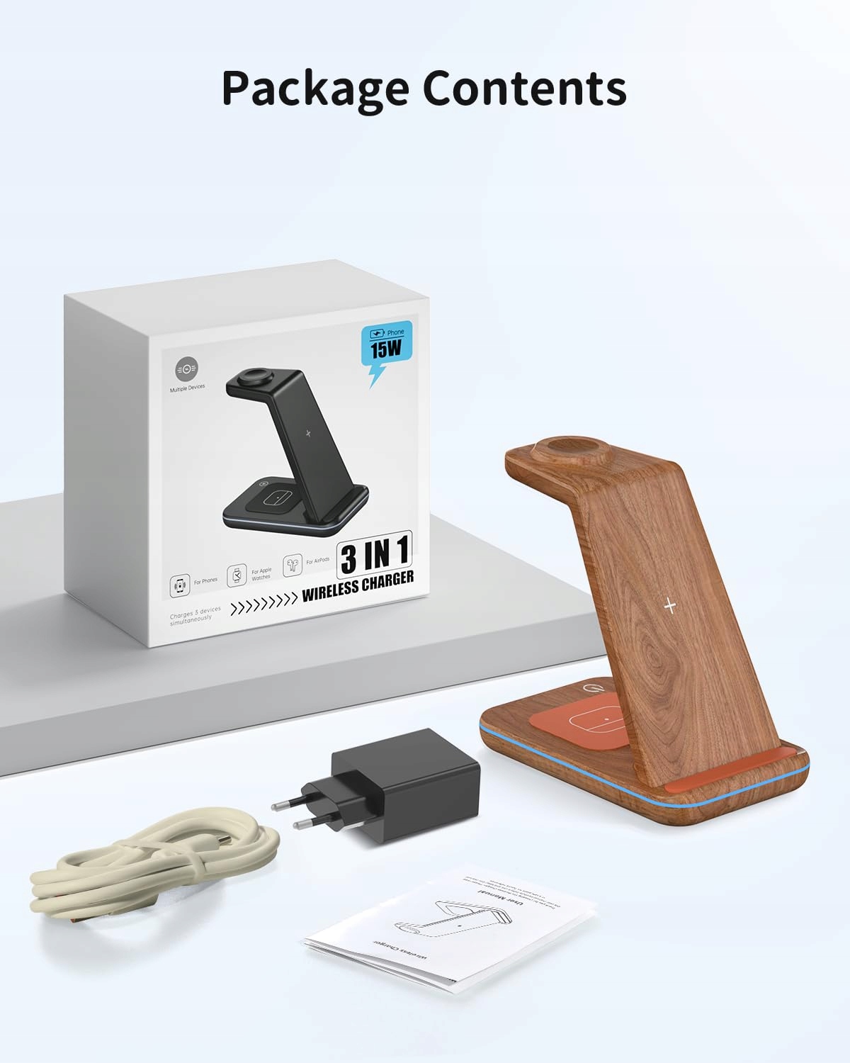 GEEKERA Drewniana Bezprzewodowa Ładowarka 3w1 iPhone Apple Watch AirPods — miniatura 6