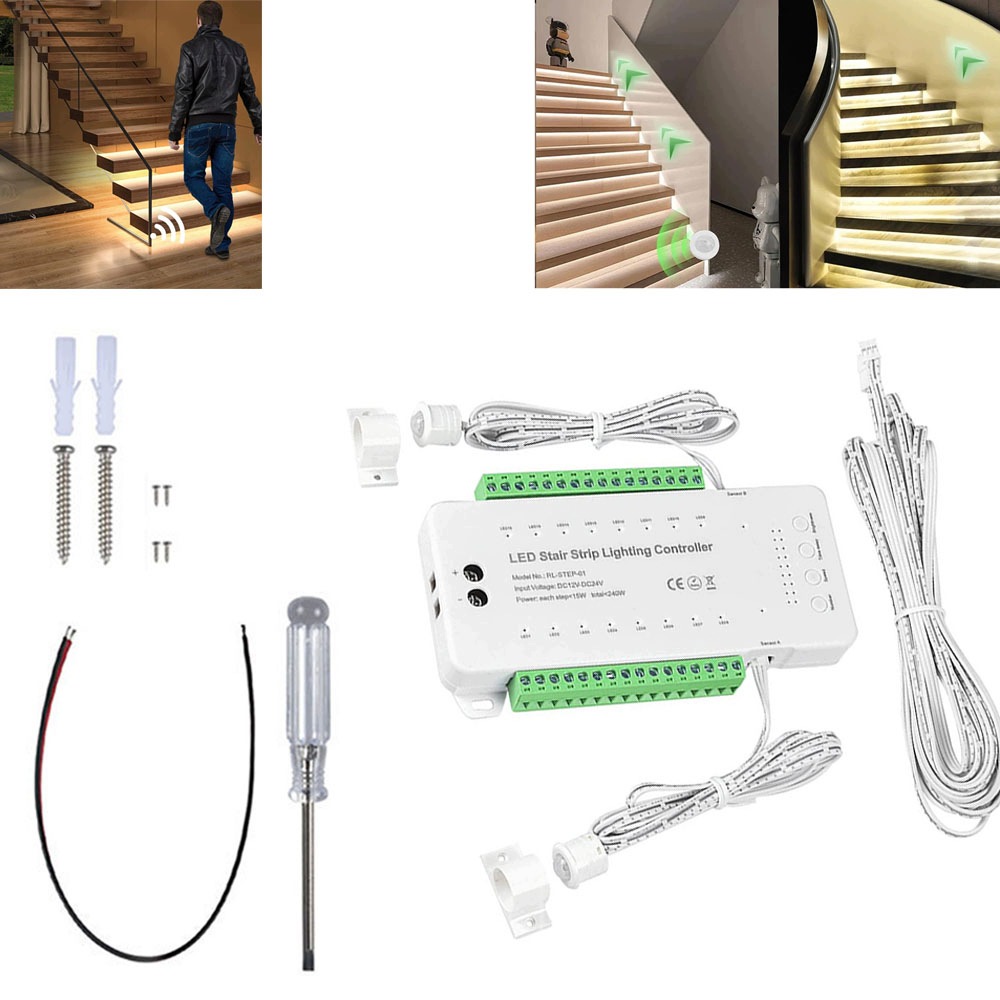 Led Schodišťový Ovladač 16 Stupňů Schodů Kanálů 240W 12-24V Senzory Pir