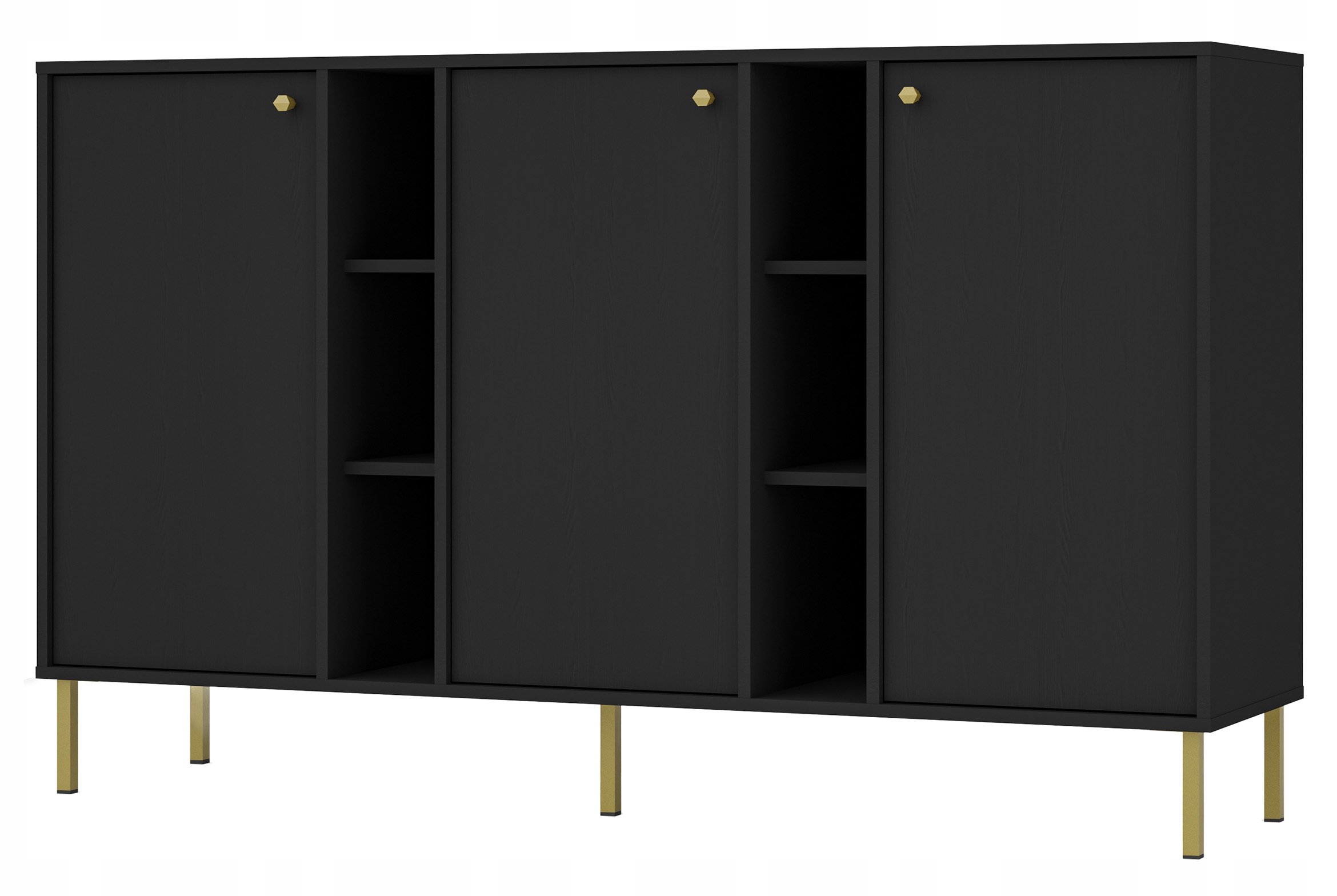 Třídveřová komoda Oktio s policemi 159 cm černá grafit na zlatých nohách