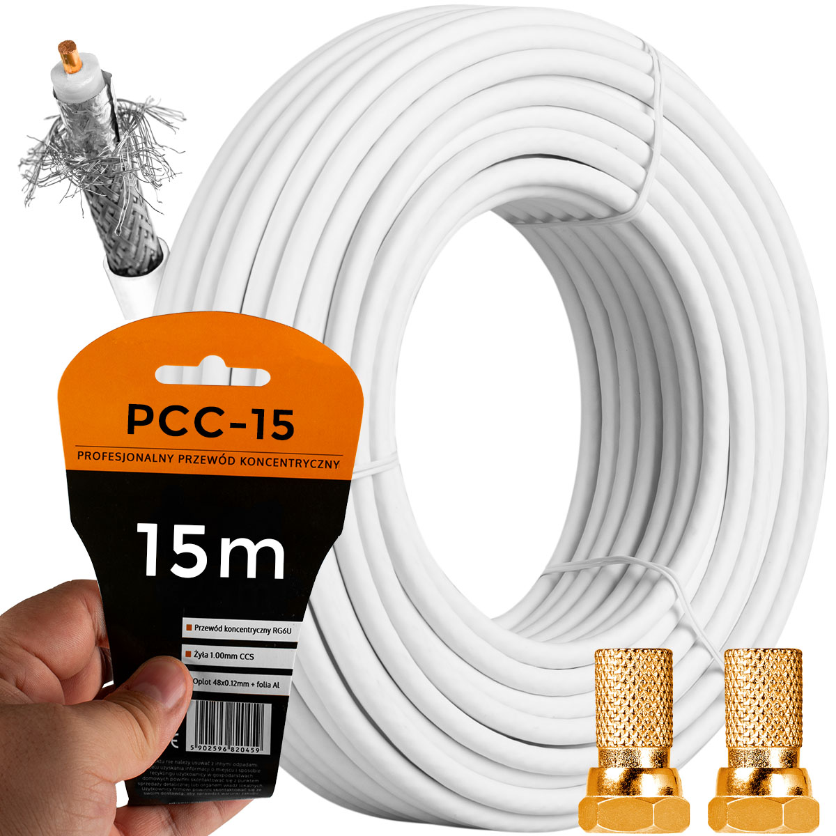 KABEL ANTENOWY PRZEWÓD KONCENTRYCZNY TV LTE ODPORNY UV 4K HD 15M + WTYKI F