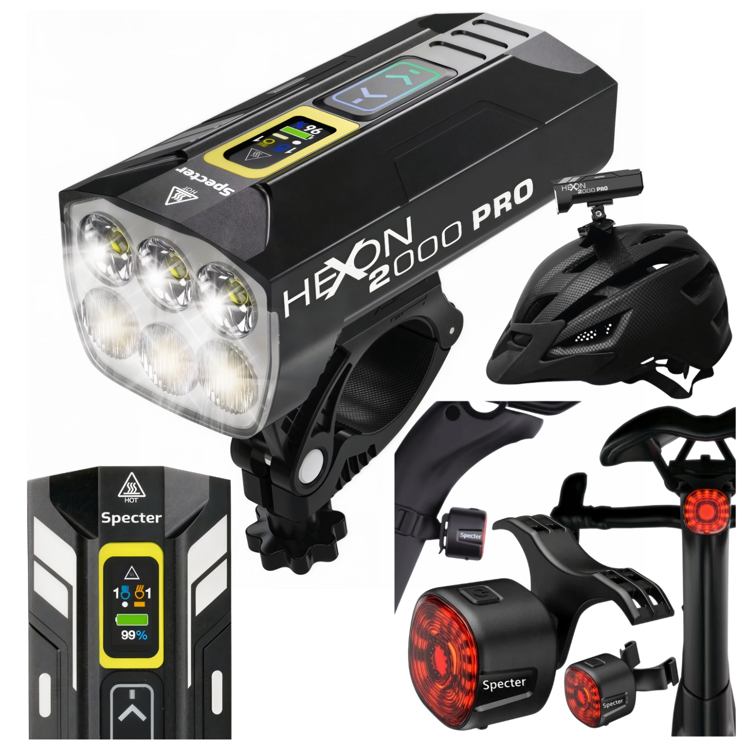 Zestaw Lampek Rowerowych Specter Hexon 2000PRO 10000mAh+Tył WT09 100H pracy