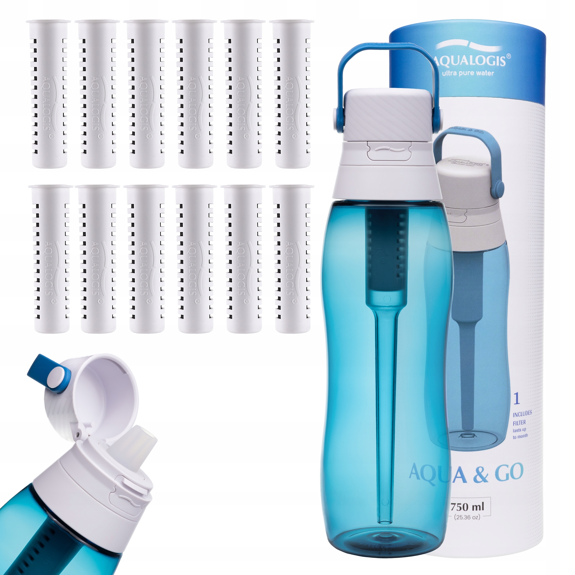 Filtrační láhev Aqualogis Aqua&Go 0,75 l modrá 12 náplní