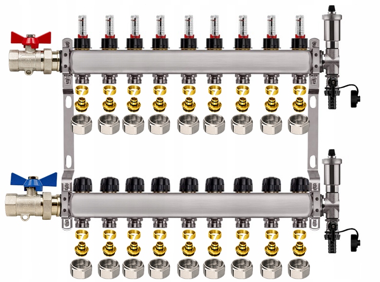 Rozdělovač Pro Podlahovou Krytinu 9 Nerezových Okruhů Rovný Ventil Pex Spojky