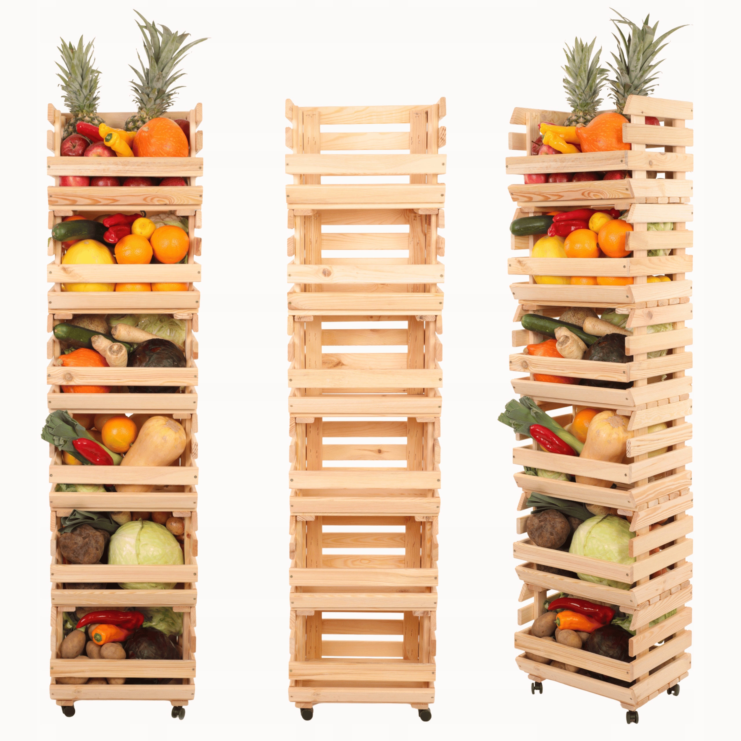 Regál na zeleninu, drevený stojan, krabička na kolieskach, 6 krabíc, 157x40x30