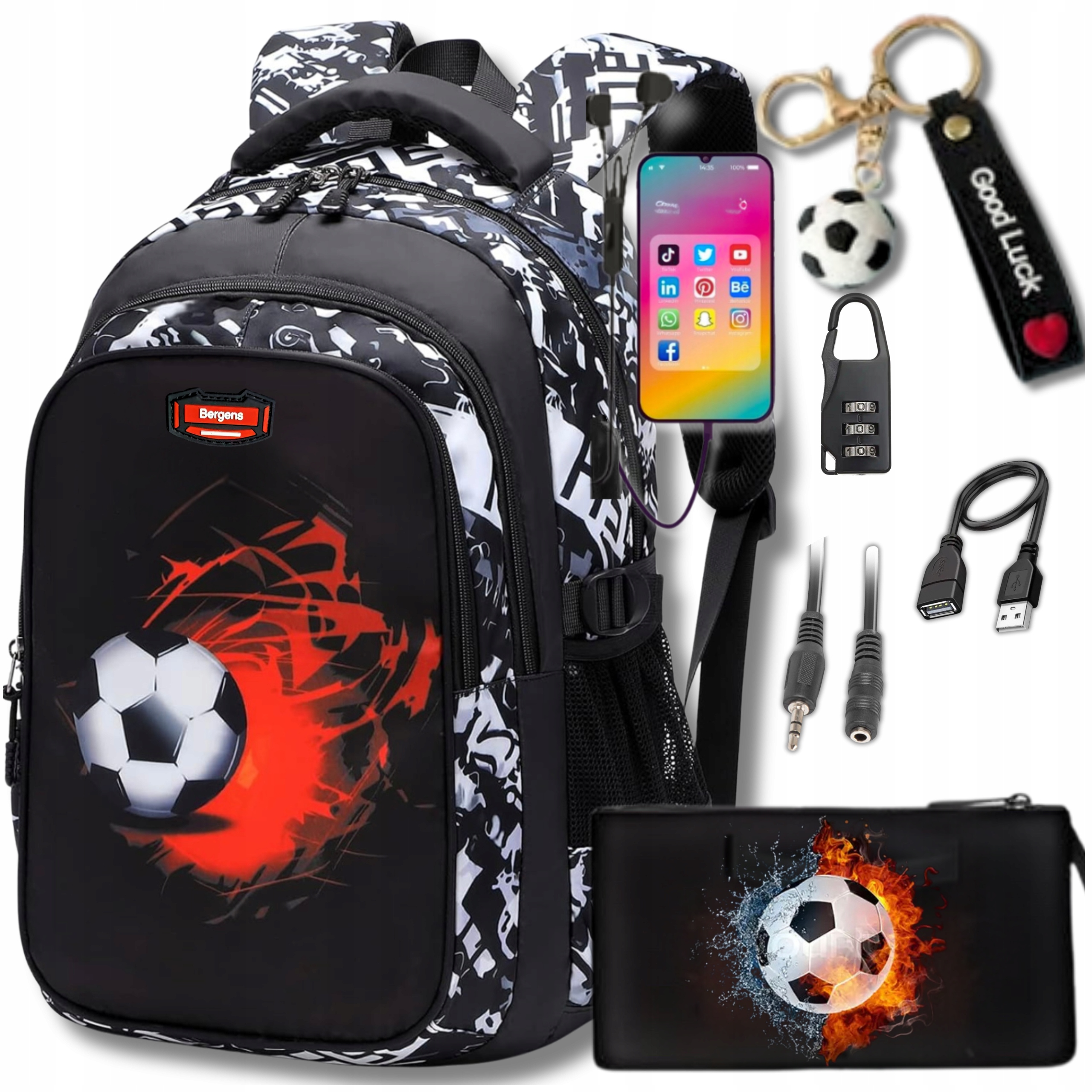 PLECAK SZKOLNY DLA CHŁOPCA PIŁKA NOŻNA TORNISTER MŁODZIEŻOWY + PIÓRNIK USB