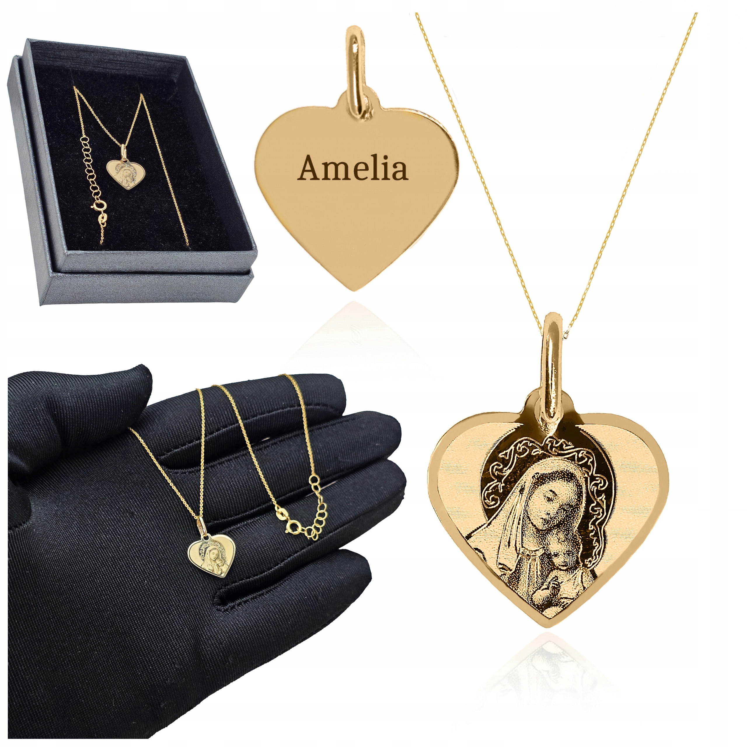 Zlatý náhrdelník Matka Boží Srdce pr. 375 Gravírování Medailon Zlato Řetízek