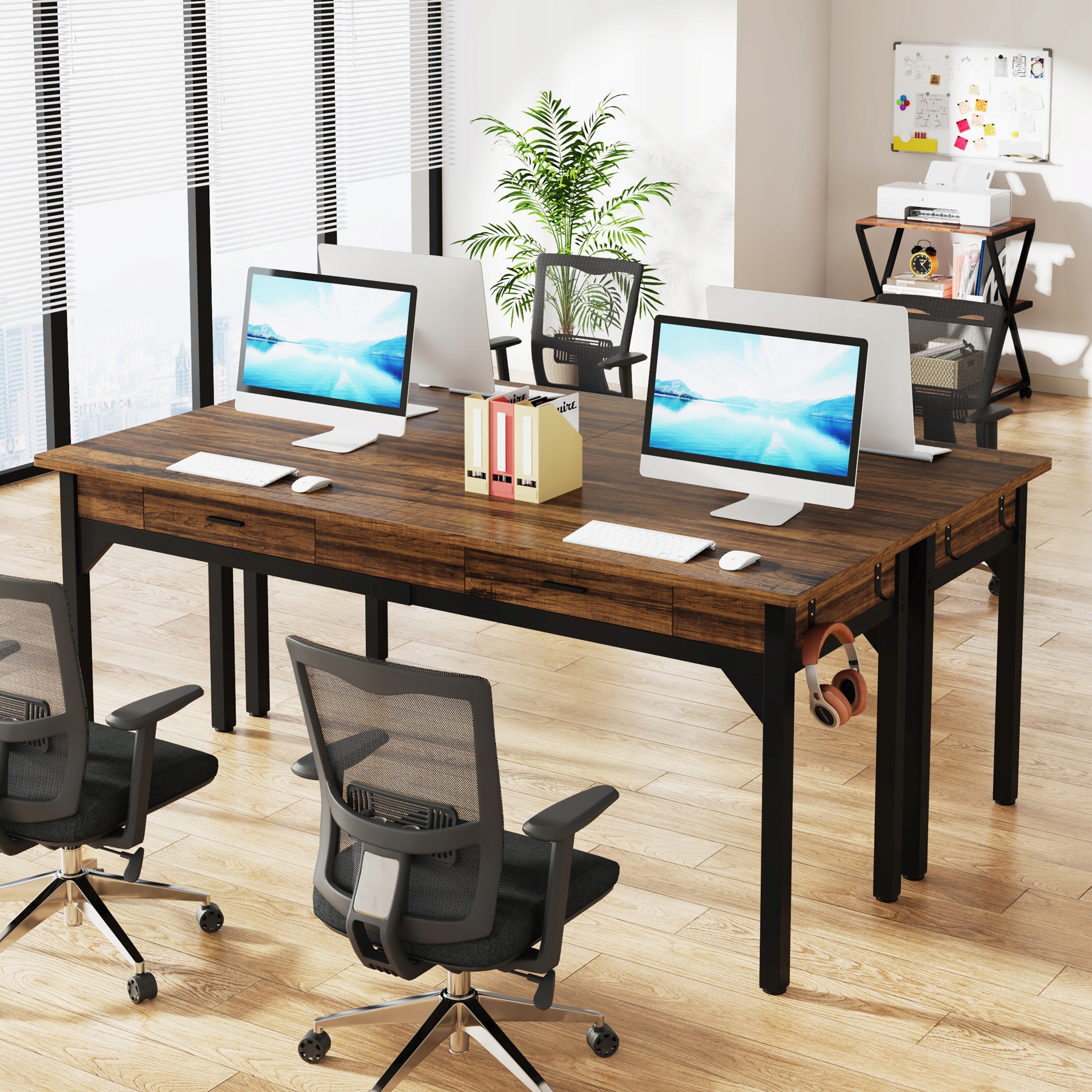 Biurko dla dwóch osób 200 cm, długie biurko komputerowe z 2 szufladami Kolor mebla odcienie brązu