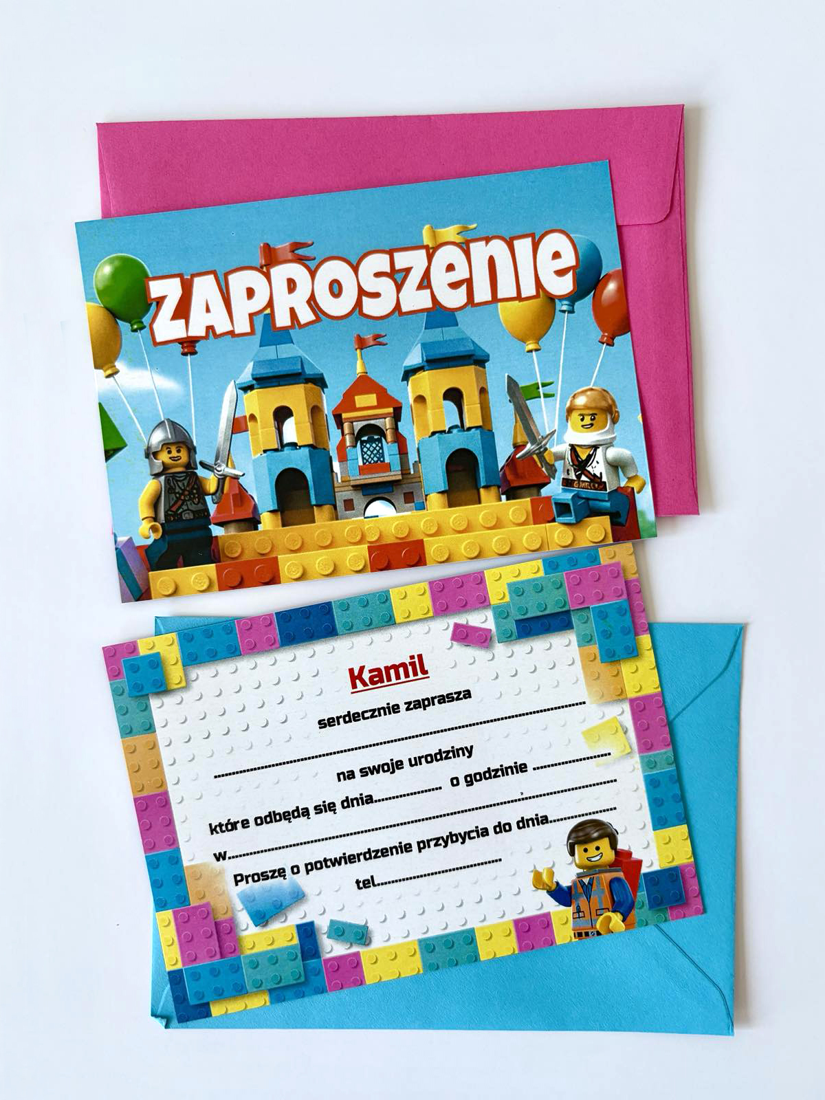 ZAPROSZENIA LEGO KLOCKI personalizowane+ koperta kolor